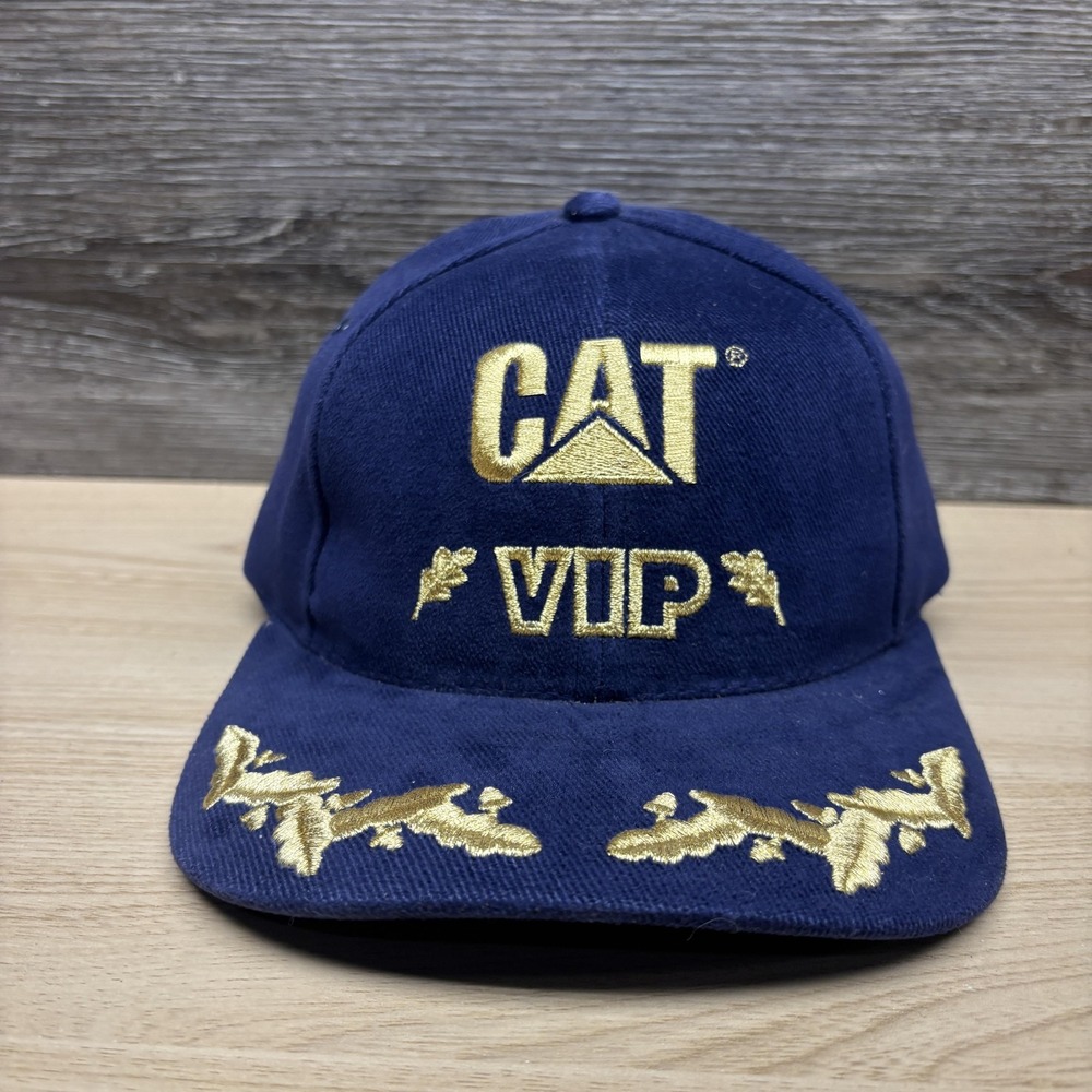 Vintage CAT VIP Hat Cap Strap Back Mens Navy Blue Baseball Gold Embroidered